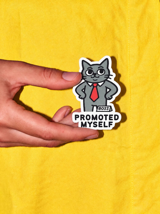 Promoted Myself - Grey Cat Vinyl Sticker