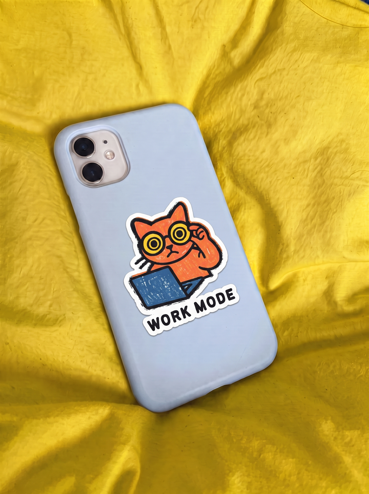 Work Mode (Text) - Orange Cat Vinyl Sticker